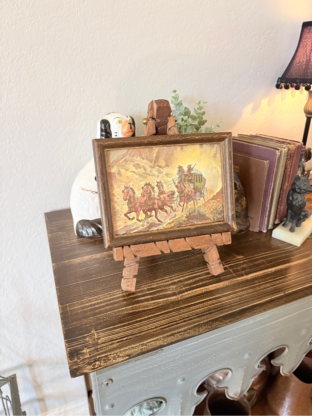1950’s Ernest Tonk Western Stagecoach Picture with Chunky Wood Easel - Picture 3 of 16